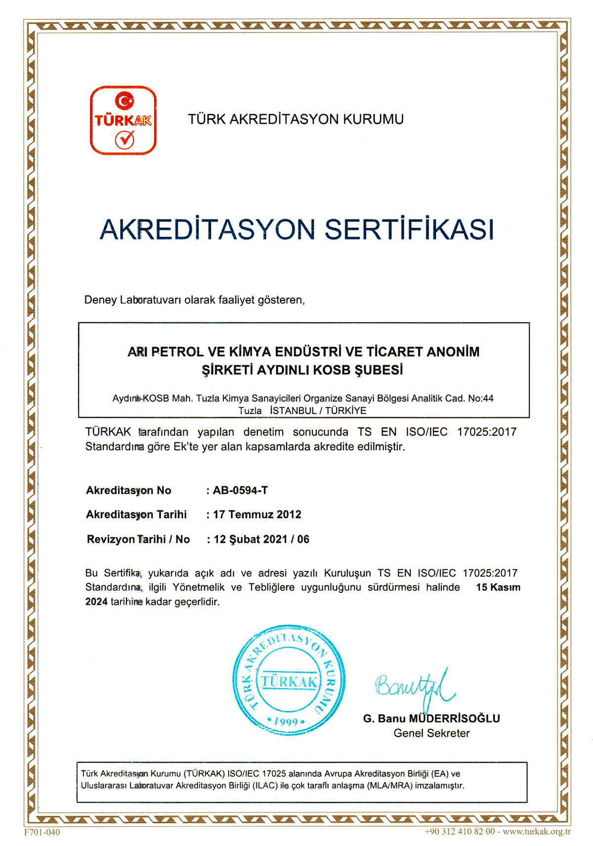 TS-ISO-IEC-17025 Akreditasyon Sertifikası